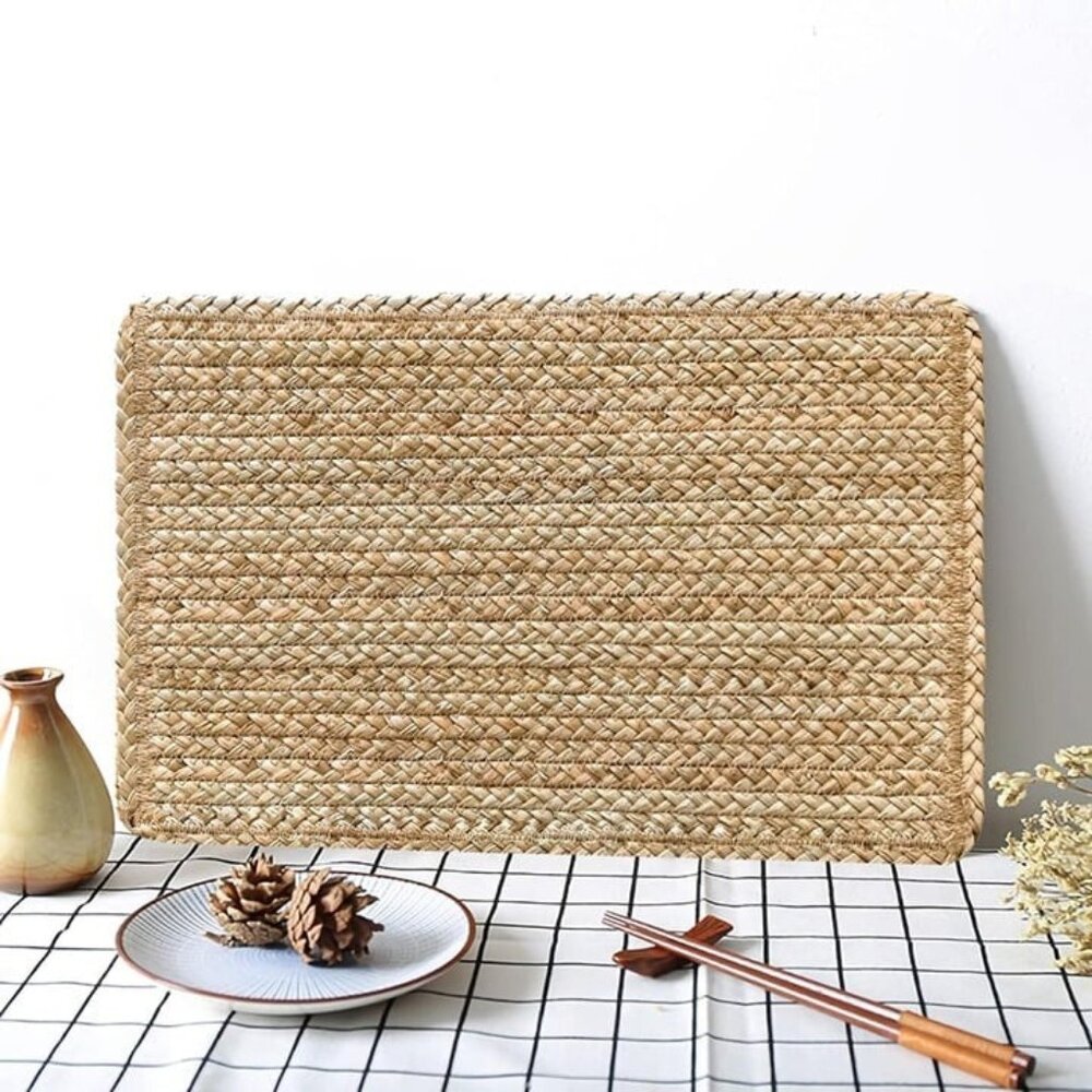 Woven Placemats Set of 6 Wicker Placemat Rectangle Natural Rattan 17.7'' X 11.8'